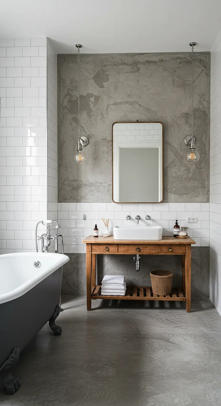 Bathroom with a concrete accent wall behind a wood console sink and clawfoot tub.