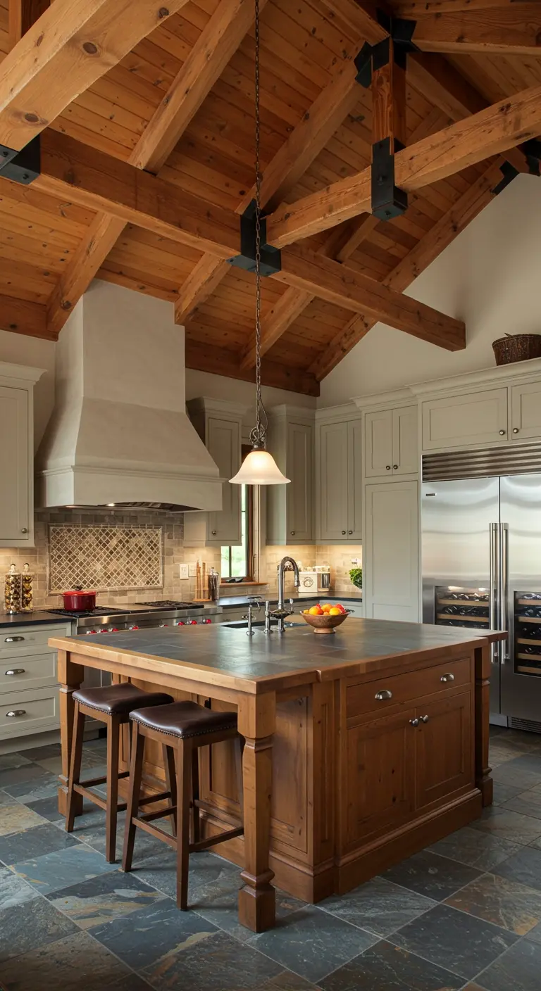 Rustic kitchen with a warm wood island contrasting with lighter cabinets.