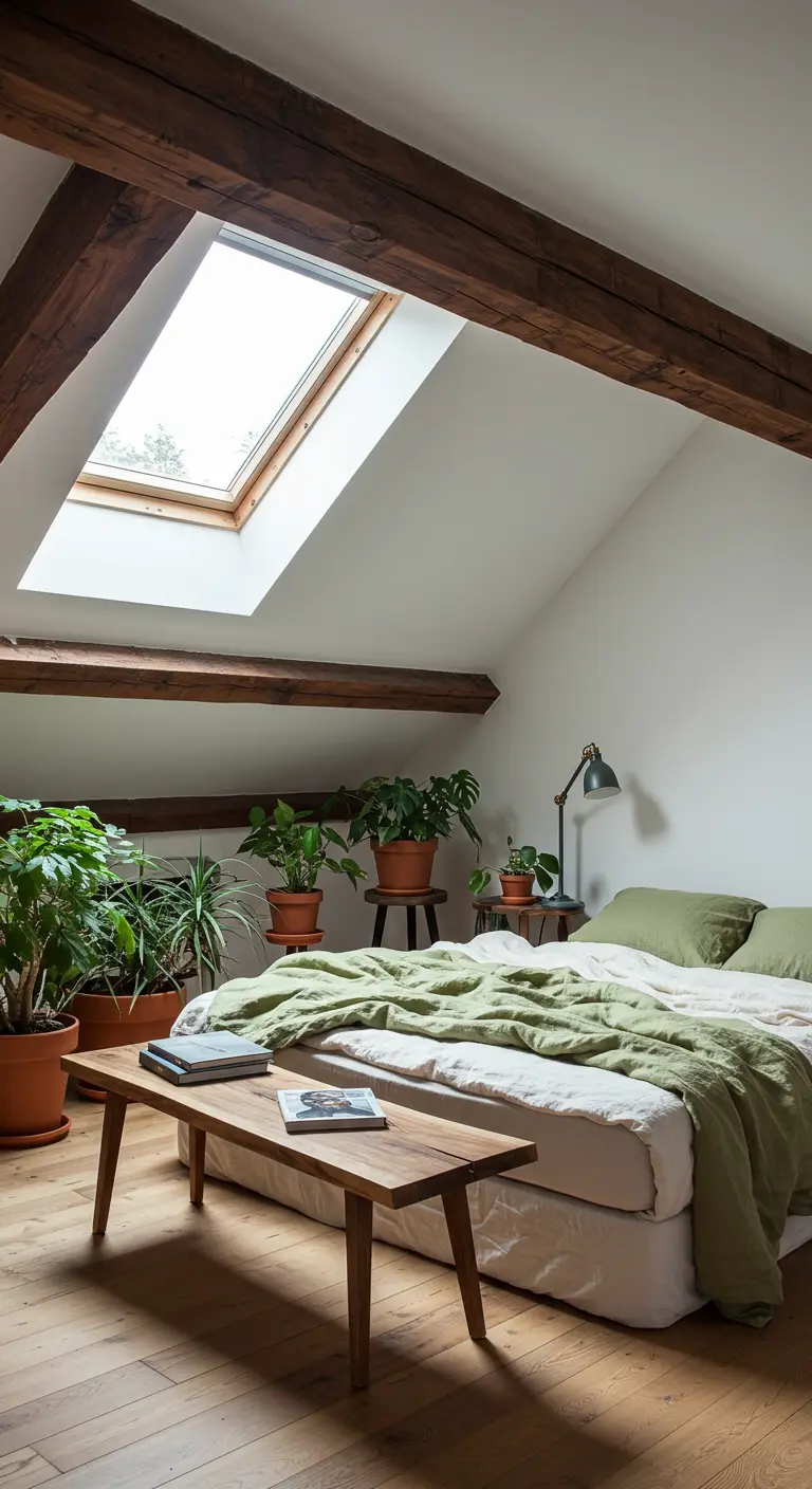 Loft bedroom filled with numerous potted plants on the floor and a bench.