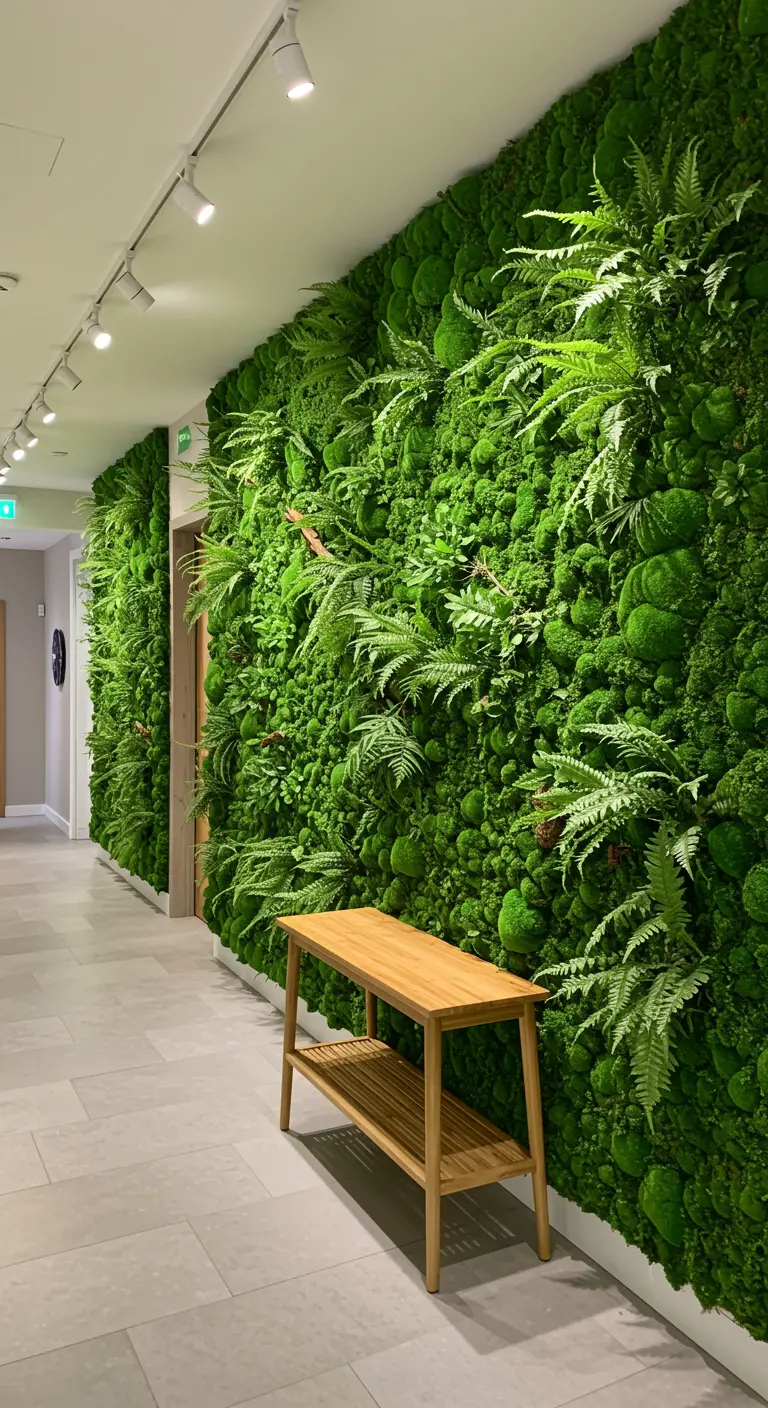 Hallway featuring a floor-to-ceiling preserved moss and fern wall and a simple wood bench.