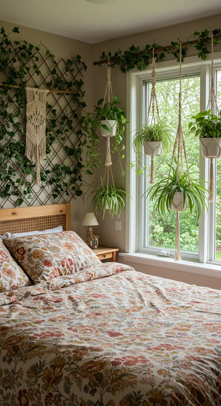 A bedroom wall covered in a plant trellis with a macramé piece and hanging plants.