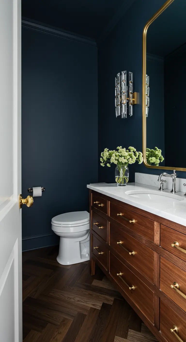 Powder room with navy walls, a dark wood vanity, and dark herringbone floors.