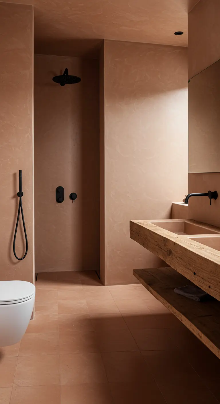 A bathroom completely finished in rosy-toned microcement, with matte black fixtures.