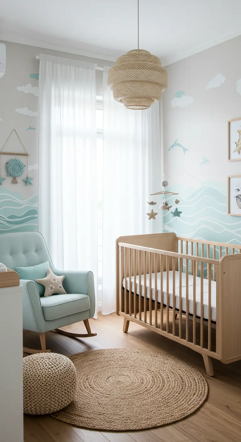 A serene nursery with a light wood crib and a hand-painted wave mural.