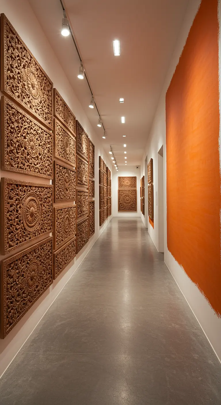 Long hallway lined with multiple carved wooden panels, ending in a bright orange wall.