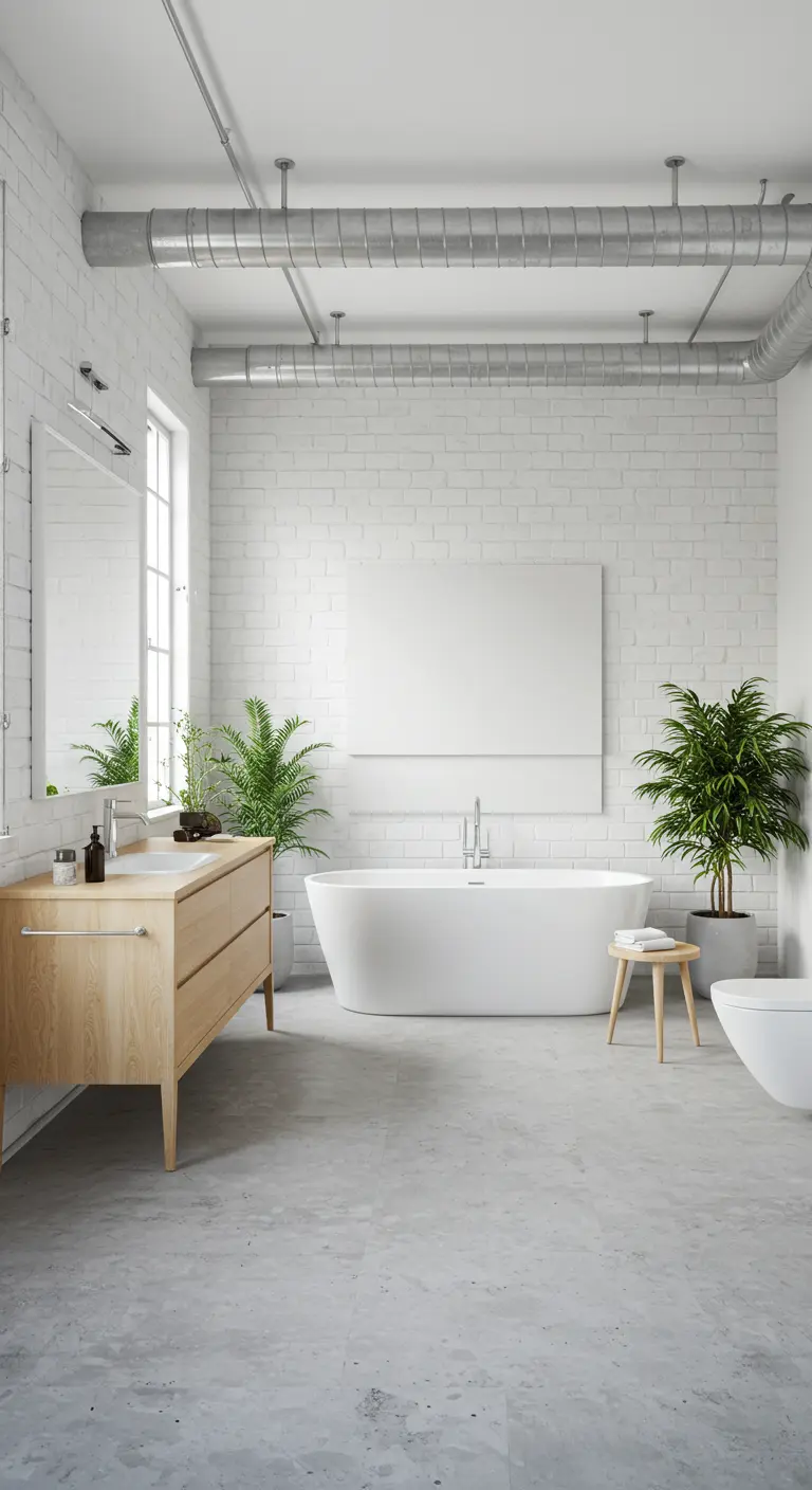 White bathroom with light wood vanity and a large blank canvas on the wall.