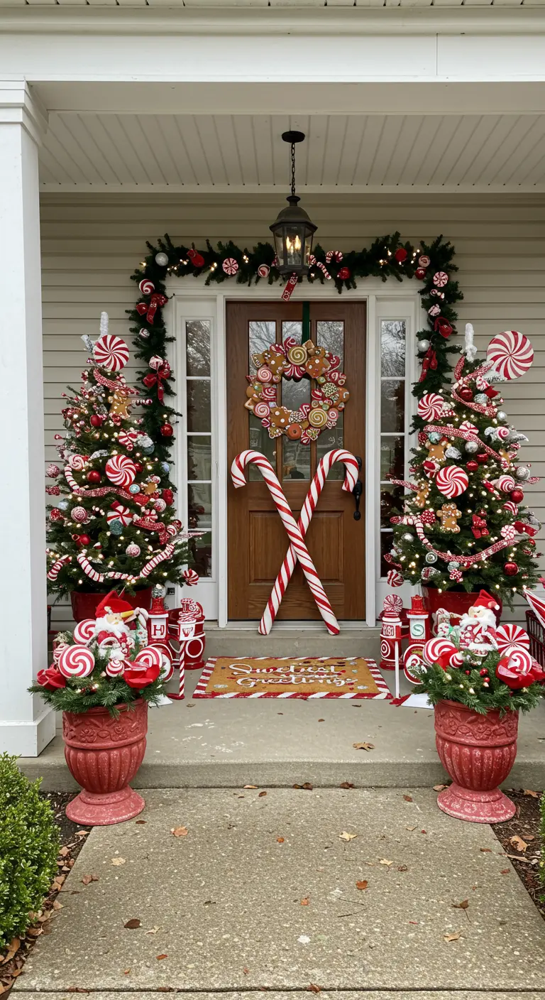 Front porch decorated with candy cane-themed trees, a wreath, and giant candy canes.