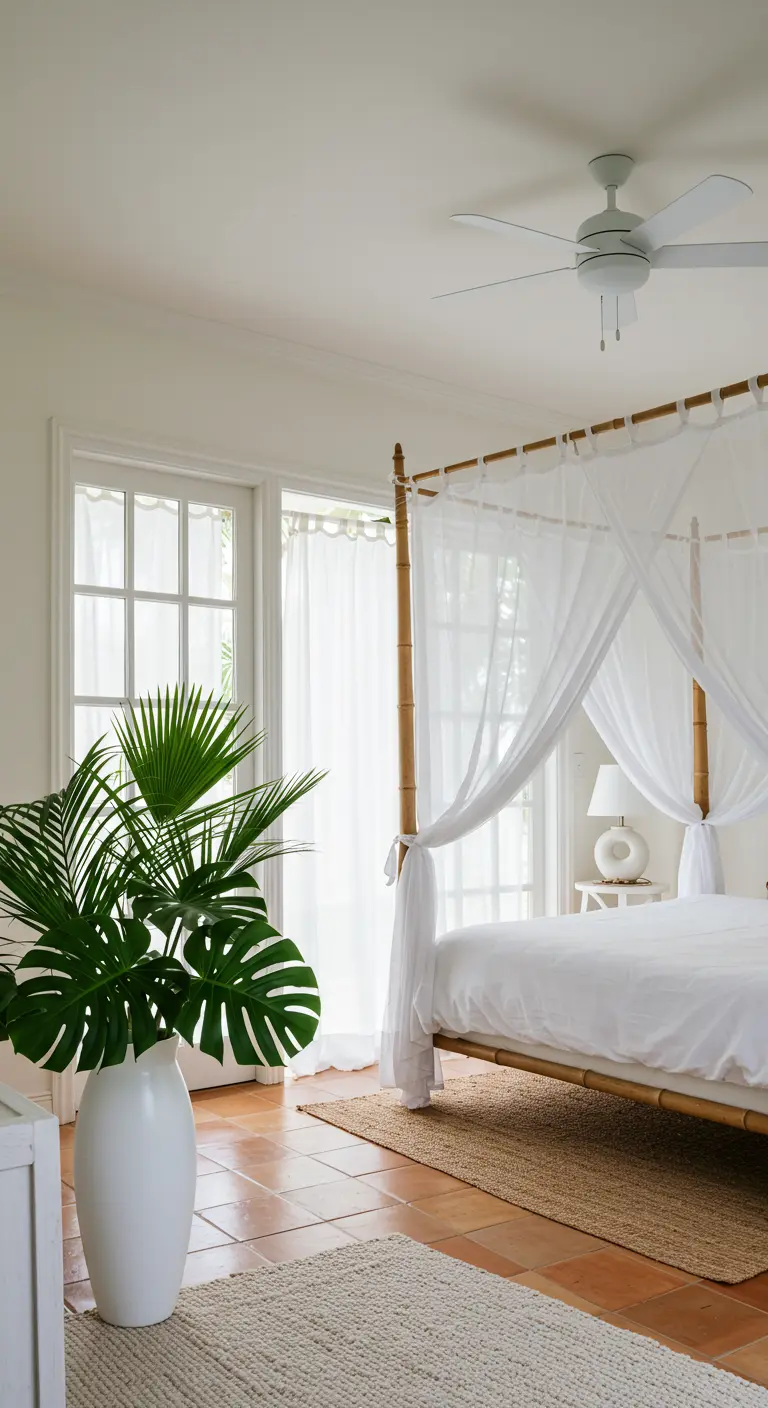 A bedroom with a bamboo canopy bed, a large potted palm, and sheer white curtains.
