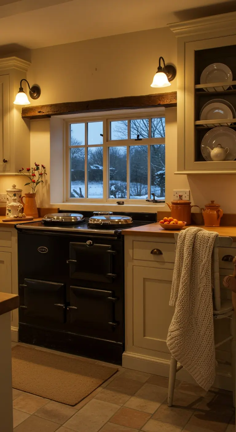 Cozy kitchen at night with warm light from wall sconces illuminating the counter.