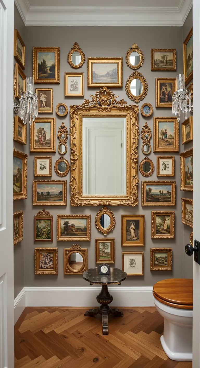 Powder room with a dense gallery wall of small paintings surrounding a central gold mirror.
