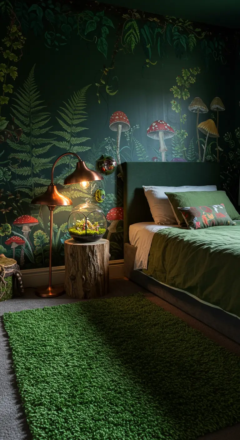 Bedroom with a dark green forest mural featuring mushrooms, and a bedside terrarium on a log.