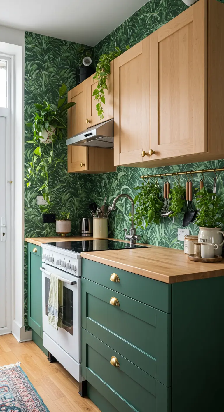 Kitchen with green lower cabinets, wood uppers, and a bold botanical wallpaper backsplash.
