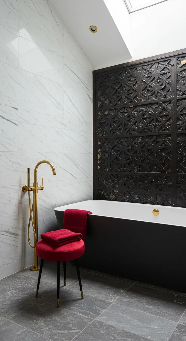Modern bathroom with a black freestanding tub, marble walls, and a dark carved screen.