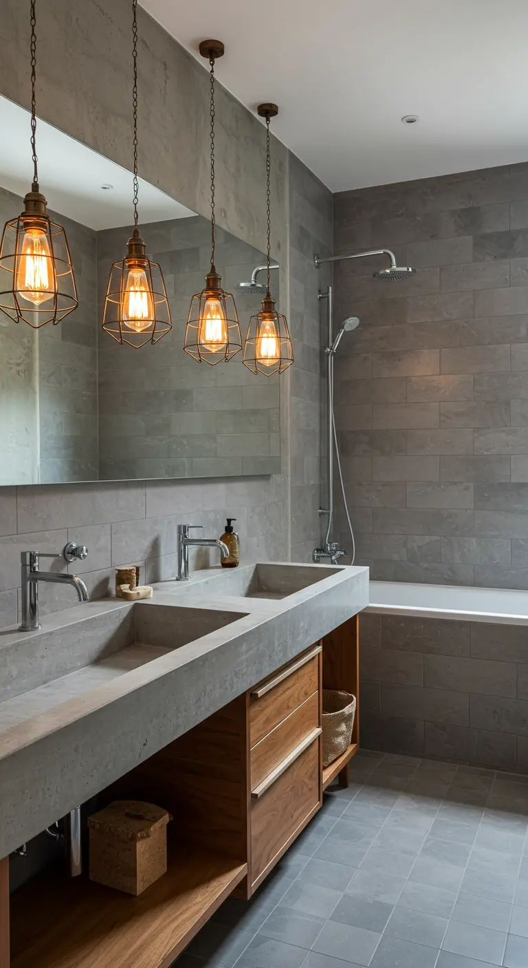 Double vanity with a concrete countertop, wood cabinets, and caged pendant lights.