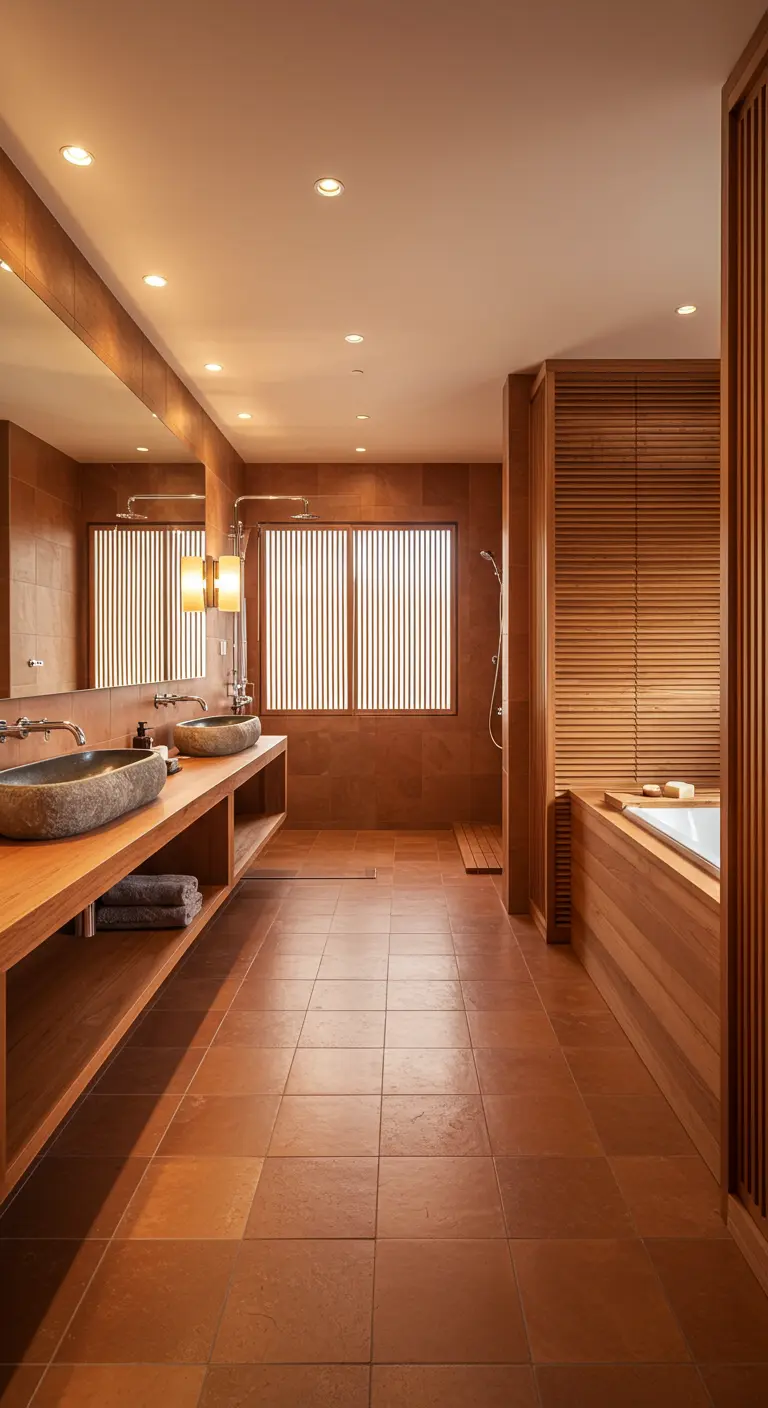 Spacious bathroom with terracotta tiles and matching wood tones on the vanity, partitions, and tub.
