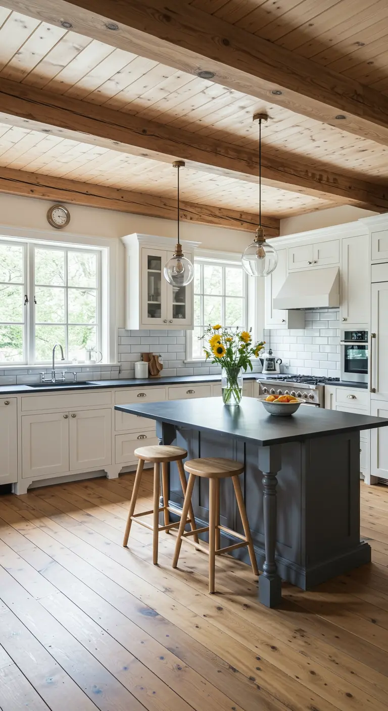 Bright rustic kitchen with white cabinets and a contrasting dark gray island.