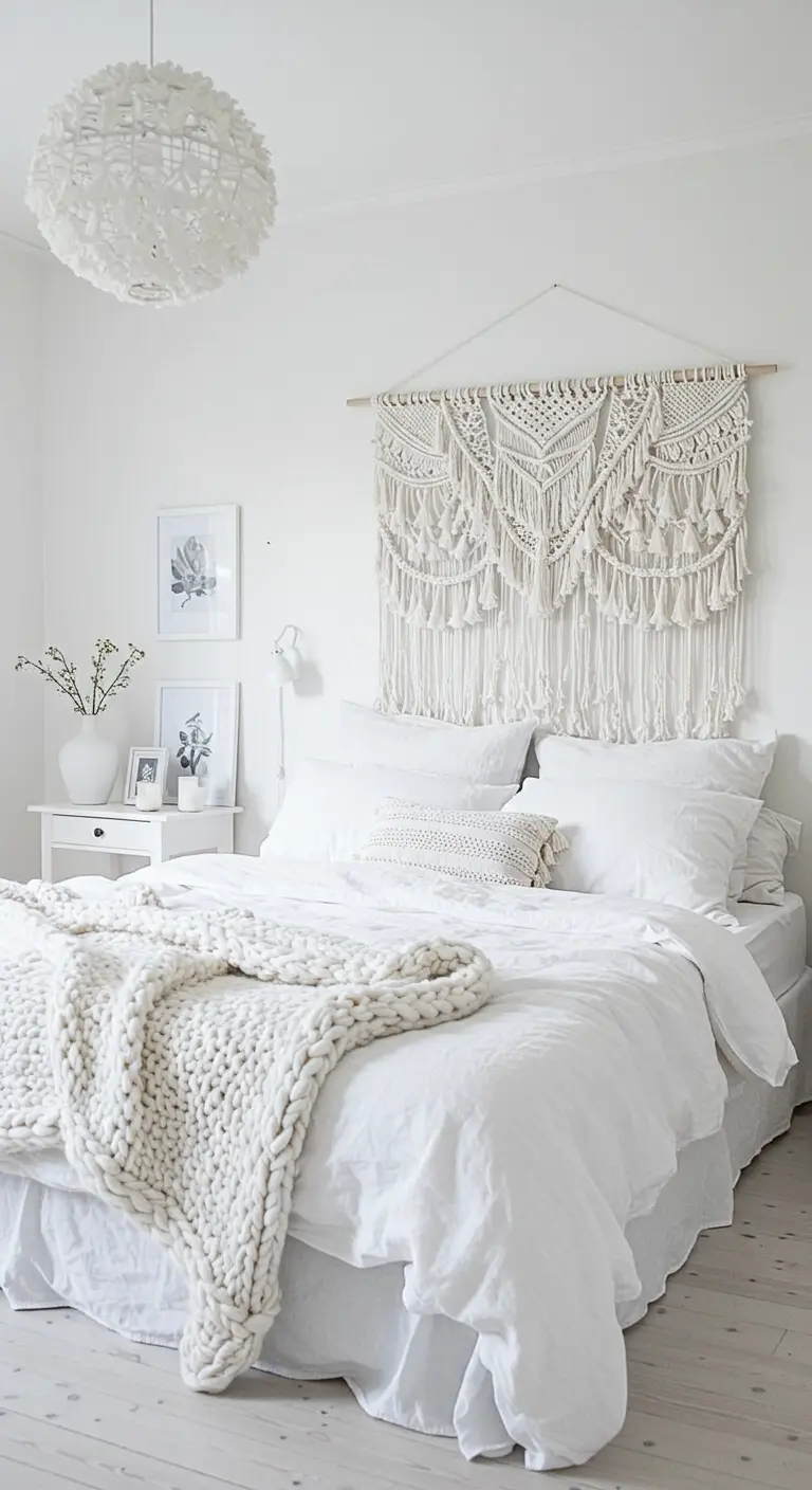 An all-white bedroom layered with a macramé hanging, a chunky knit blanket, and other textures.