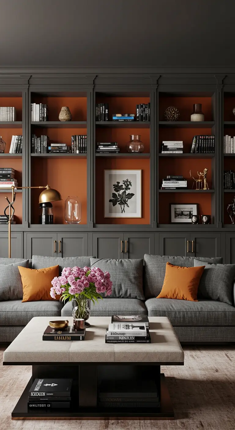 Library with charcoal built-in shelves and burnt orange painted backs.