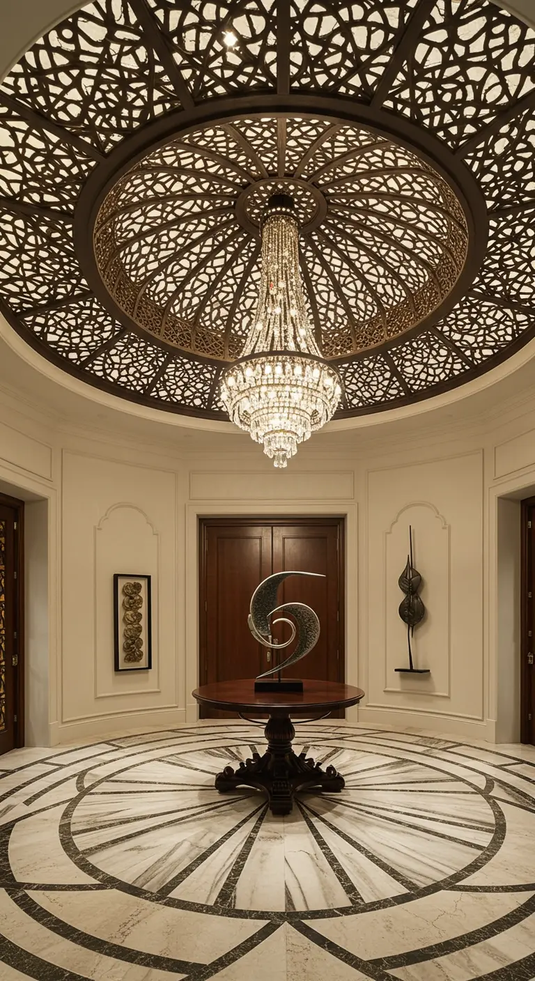 Grand foyer with an intricate carved wood ceiling and a circular patterned marble floor.
