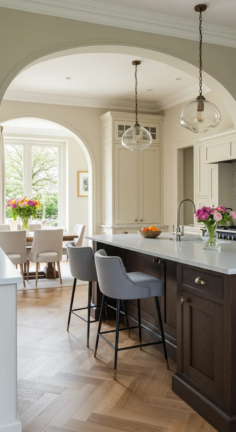 Kitchen with dark island viewed through an arched doorway leading to a dining area.