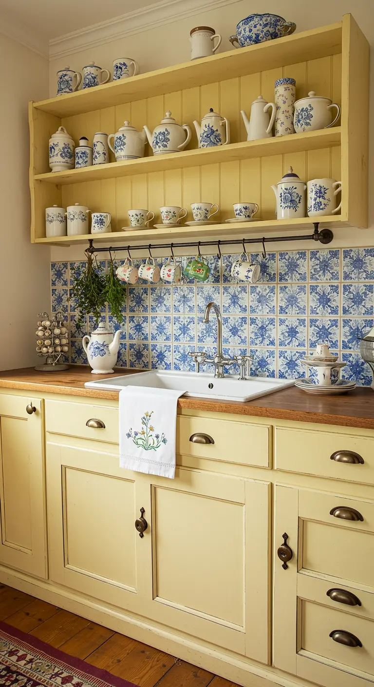 A country-style kitchen with pale yellow cabinets and blue-and-white patterned tiles and china.