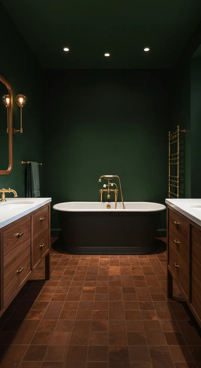 Dark green bathroom with twin wood vanities, a black tub, and gold fixtures.