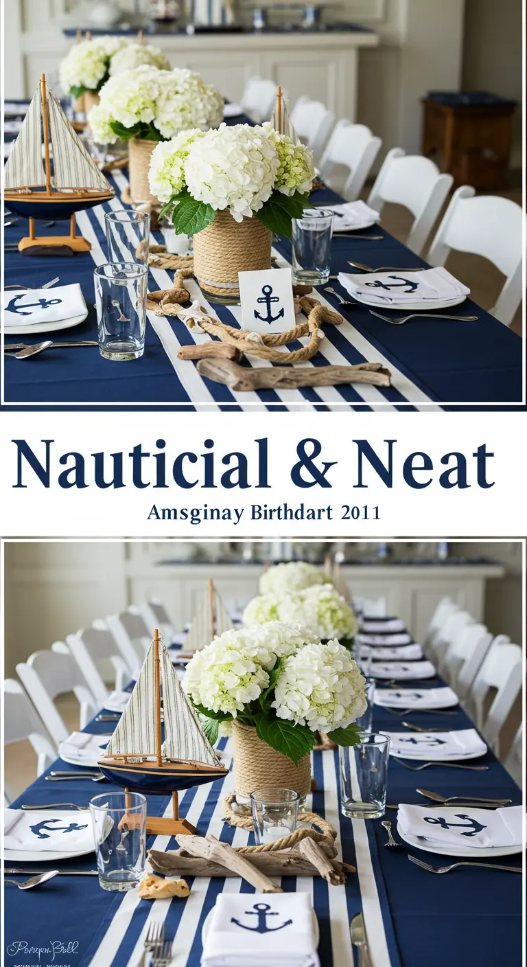 Nautical party table with navy striped runner, rope details, and sailboats.