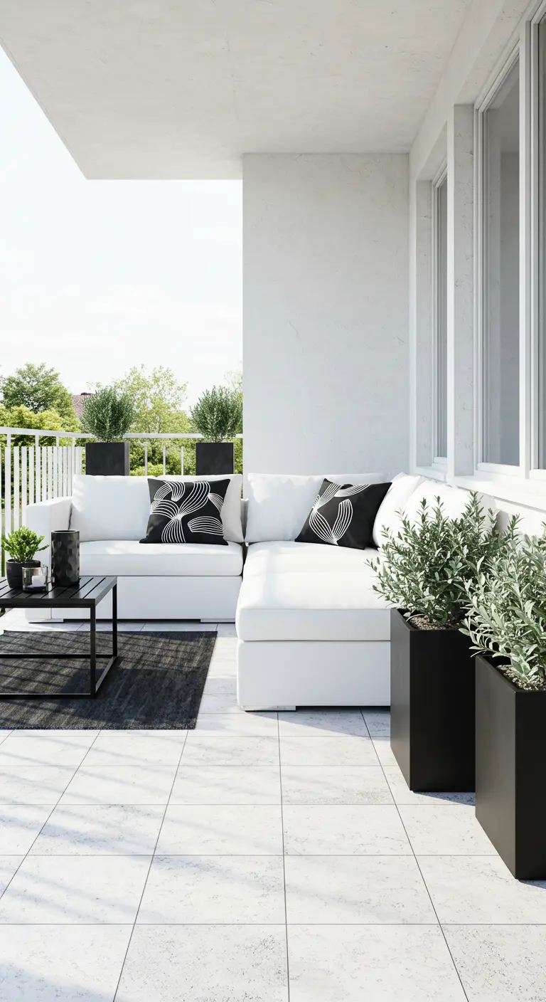 Bright, sunny balcony with white sectional, white tiles, and black planters.