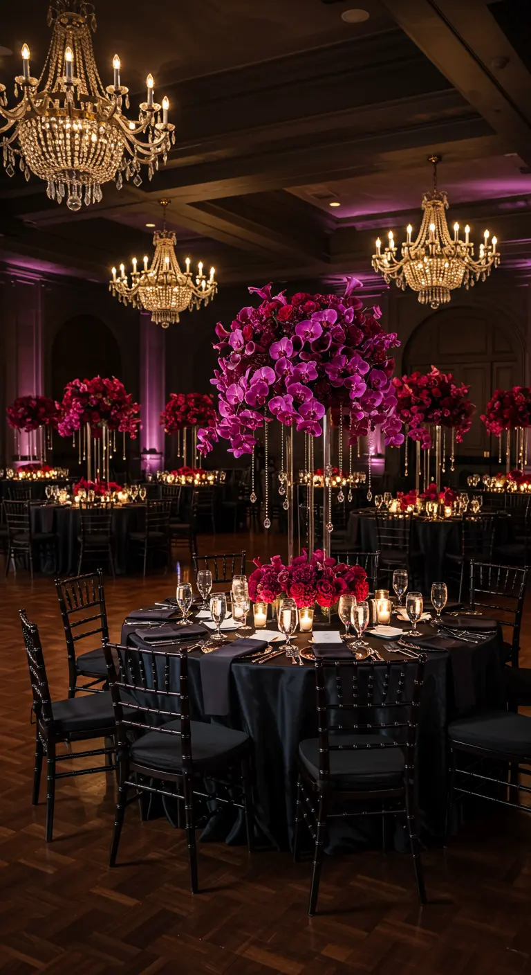 Ballroom with crystal chandeliers and tables with towering magenta orchid centerpieces and black linens.