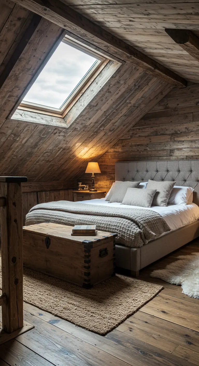 Rustic loft bedroom with wood-paneled walls and a tufted gray headboard.