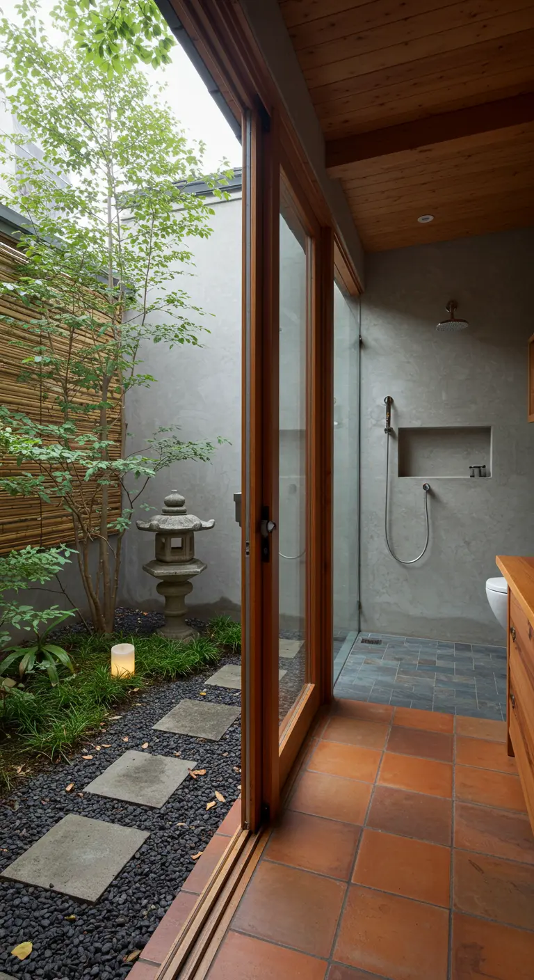 Bathroom shower opening onto a small, private Japanese-style garden with a stone lantern.