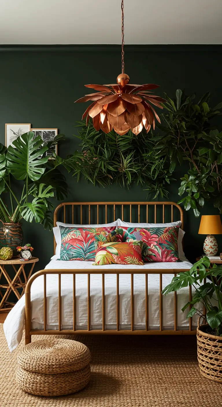 Tropical-themed bedroom with dark green walls, many plants, and a copper flower pendant light.