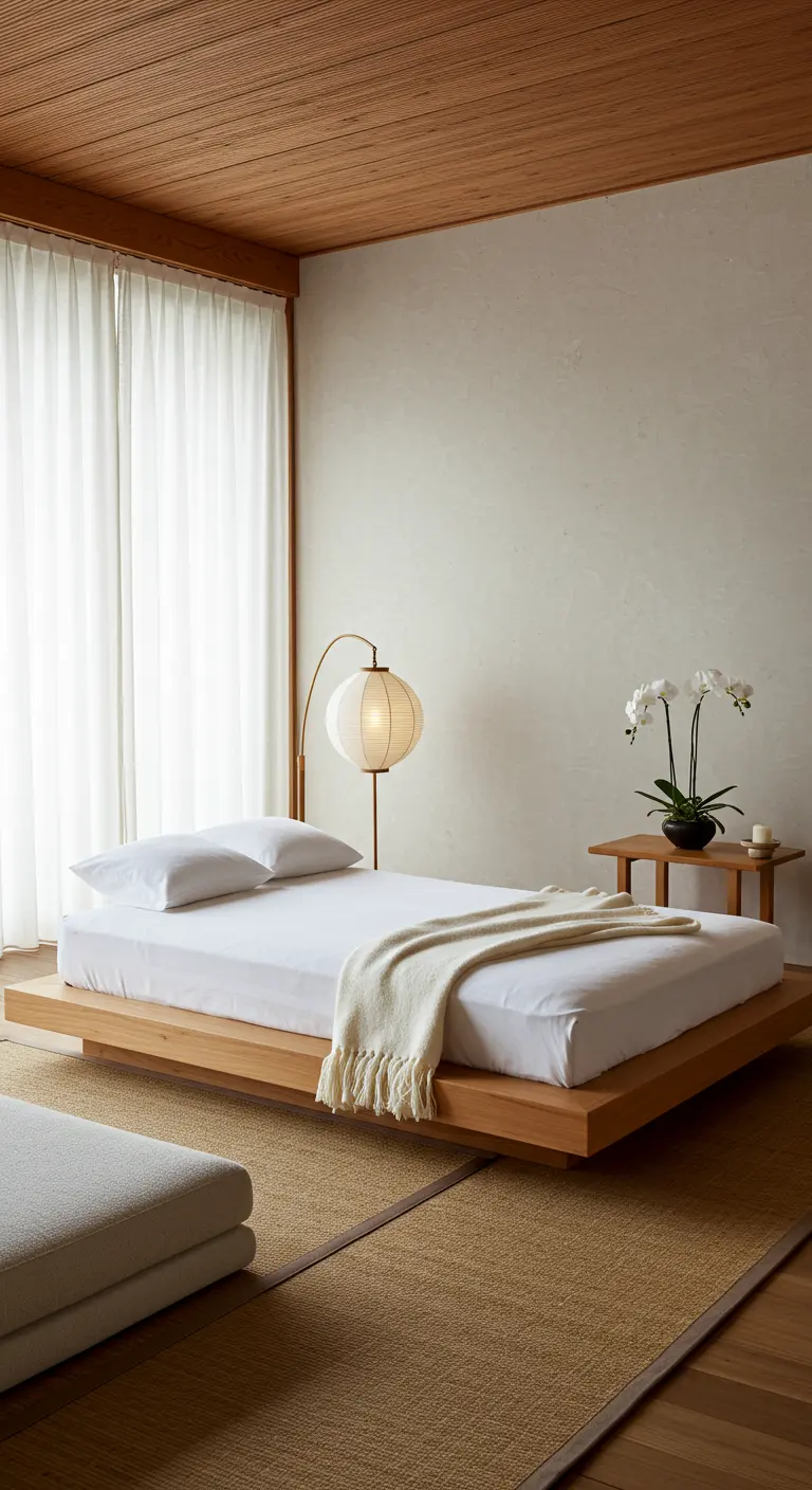 A minimalist Japandi-style bedroom with a low platform bed and a paper floor lamp.