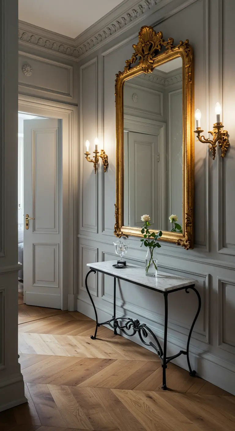 Elegant Parisian-style hallway with a large gold ornate mirror over a marble console table.