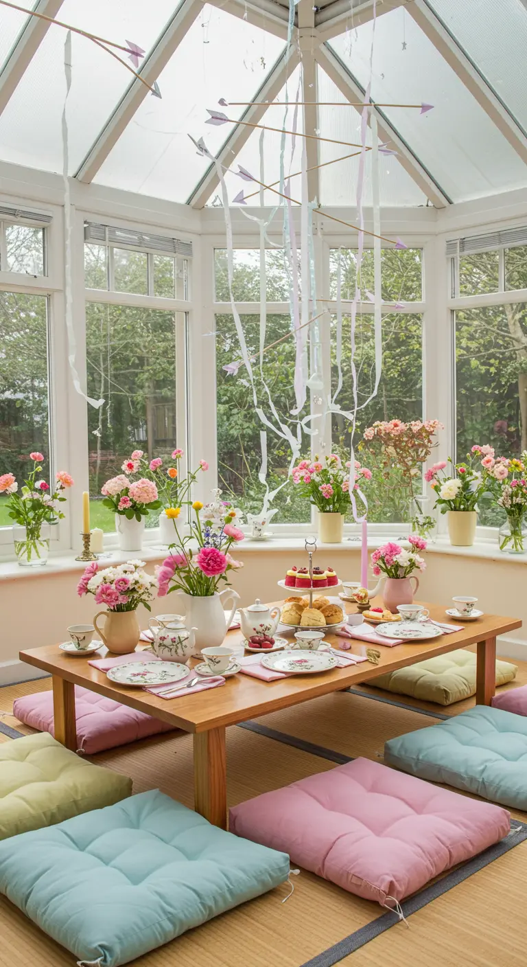 A sunroom party with floor cushions and a mobile of hanging ribbons and arrows.