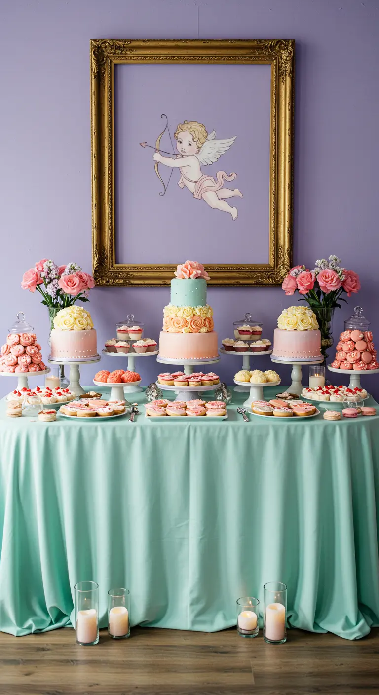 Valentine's dessert table with mint tablecloth, cakes, and a framed Cupid artwork.