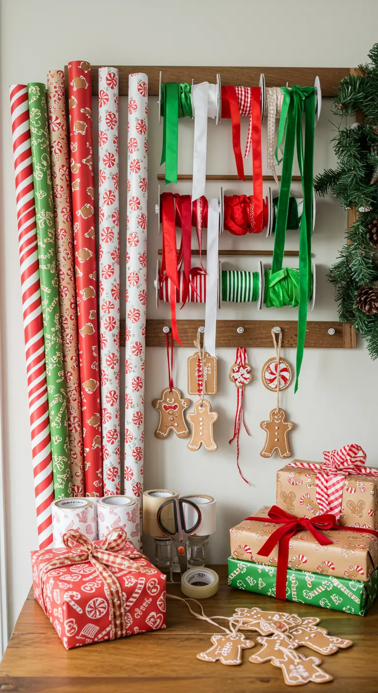 Gift wrapping station with gingerbread-themed paper, ribbons, and cookie tags.