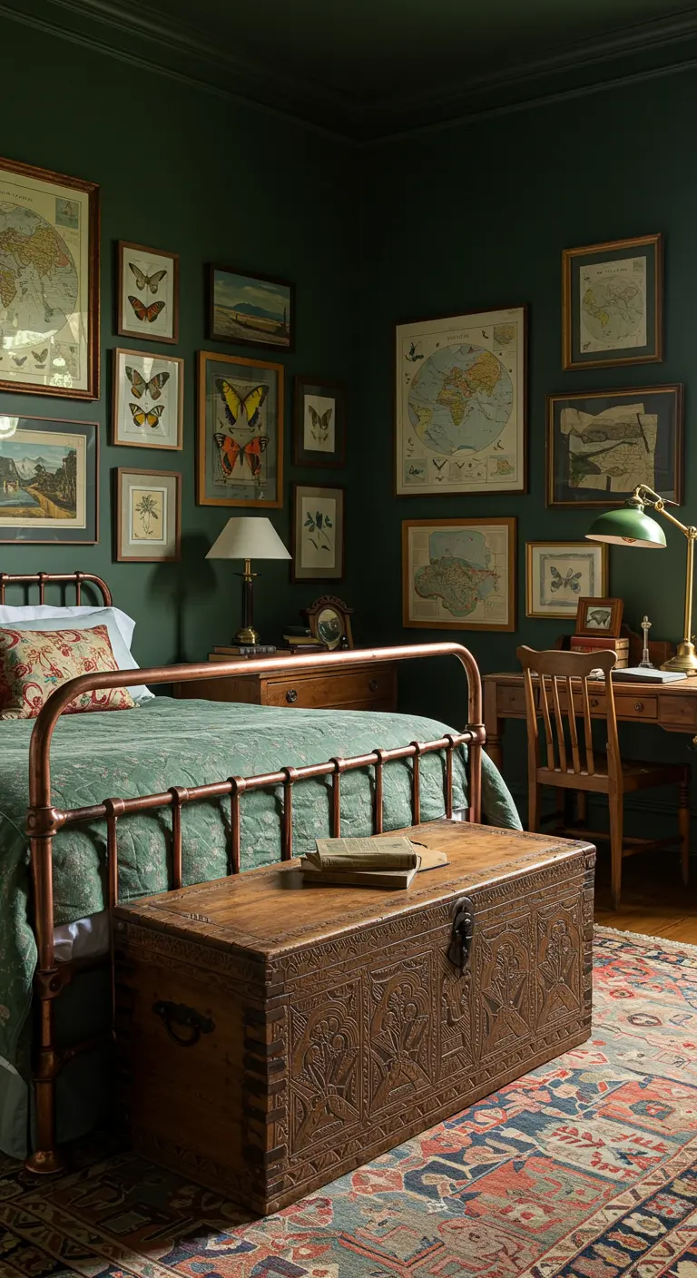 Eclectic bedroom with a copper bed, a carved trunk, and a gallery wall of vintage prints.