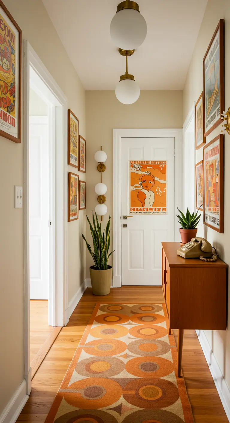 Mid-century modern hallway with vintage posters, a teak console, and a geometric orange runner rug.
