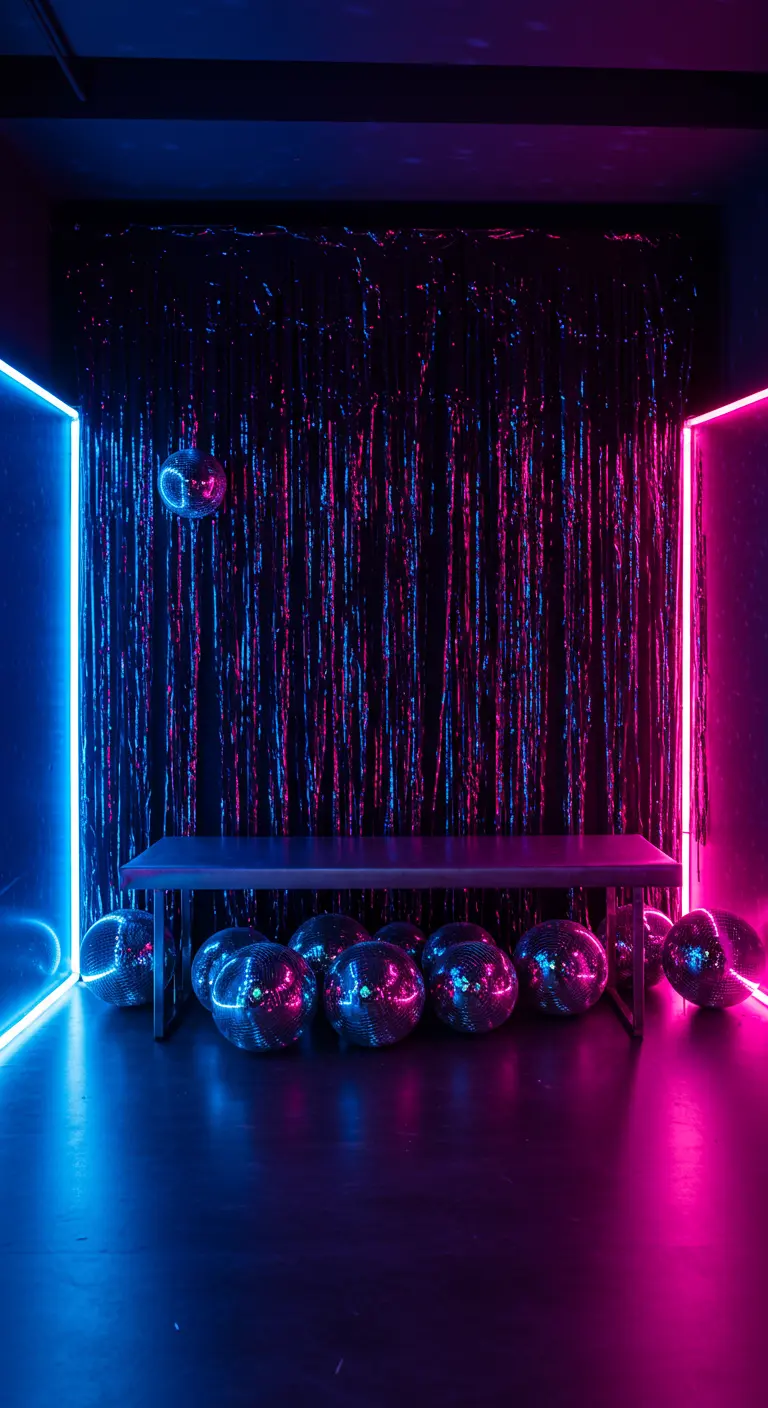 A dark party scene with a black fringe backdrop framed by blue and pink neon lights.