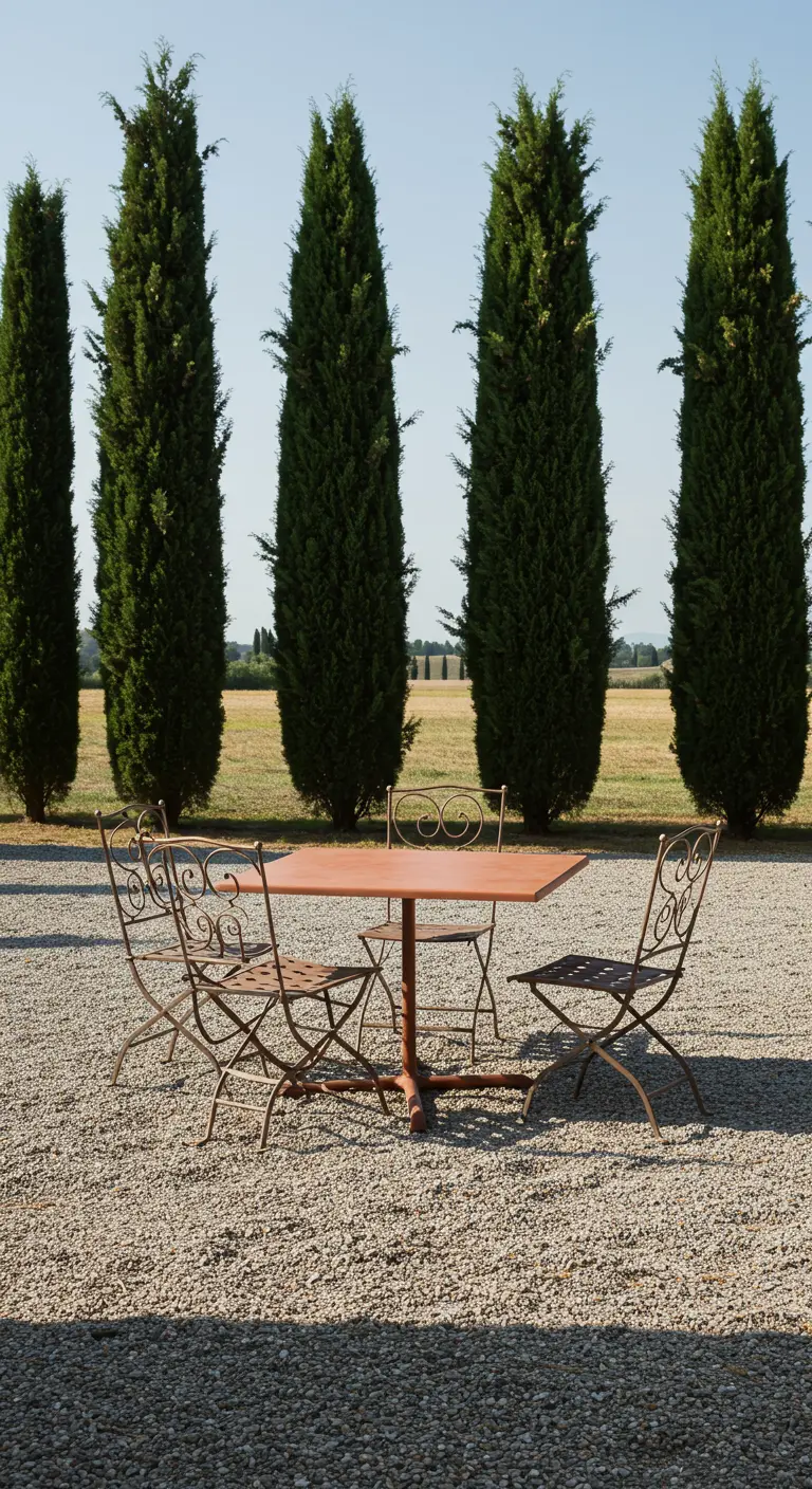 Square terra cotta table on a gravel patio lined with tall Italian cypress trees.