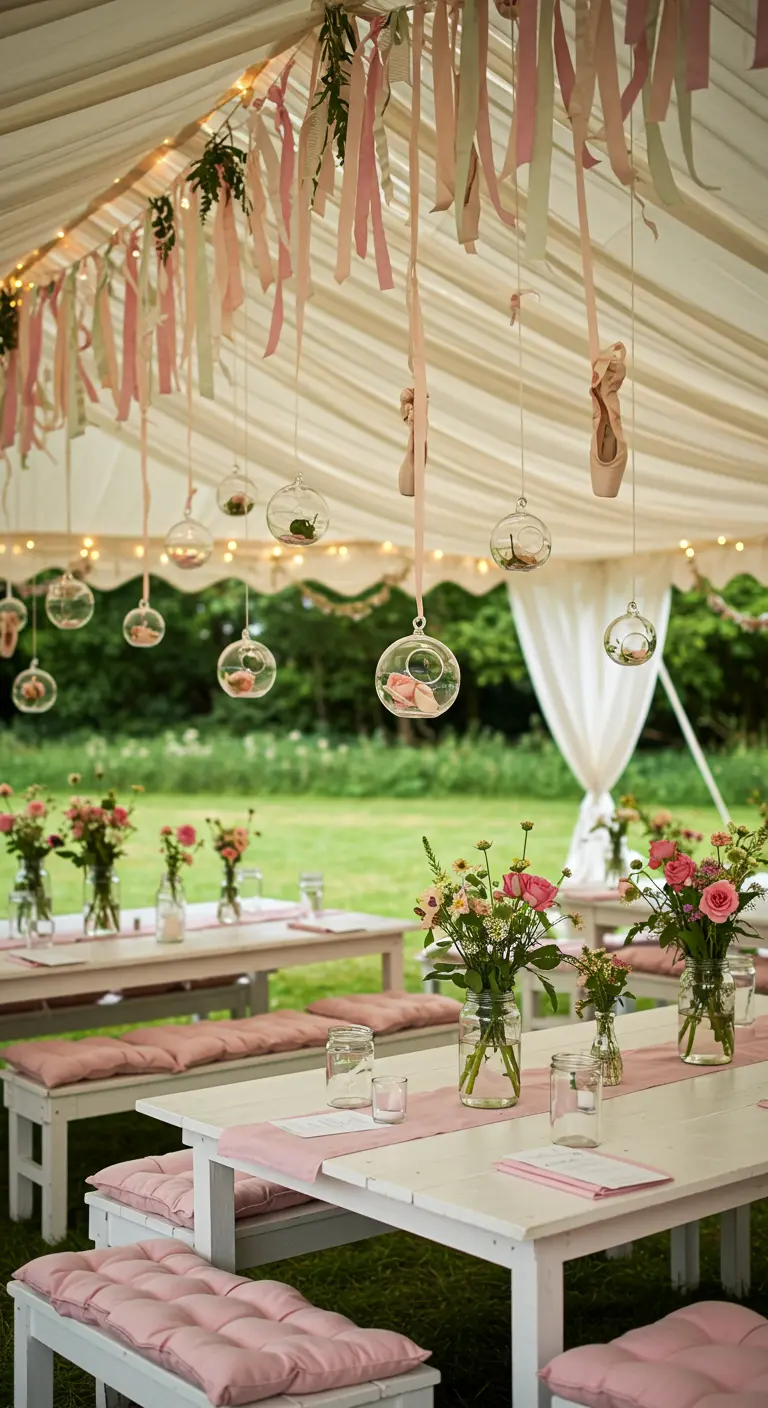 Outdoor party tent with ribbons and glass orbs hanging from the ceiling over picnic tables.