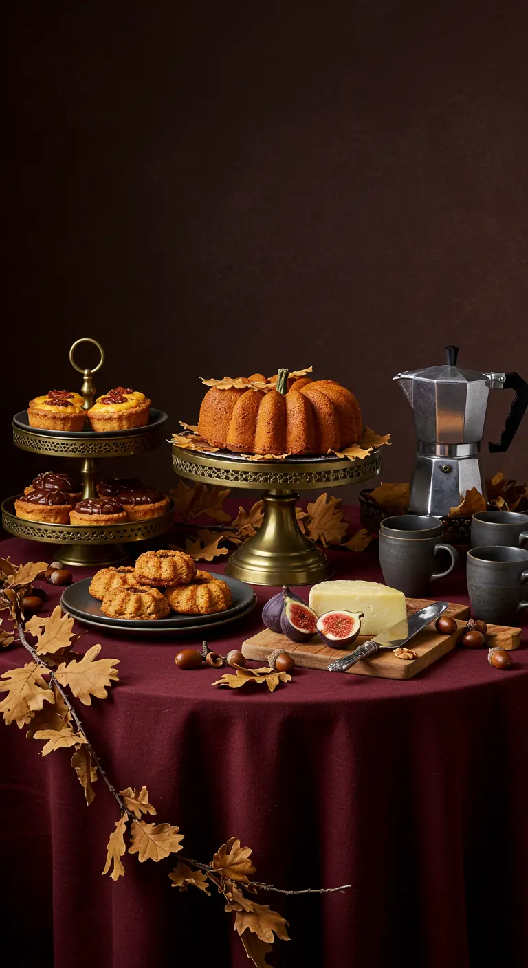 A dessert table with a burgundy cloth, scattered with oak leaves and fall treats.