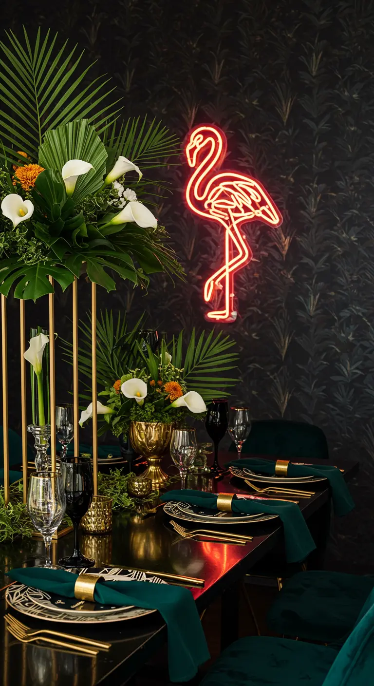 Glamorous table setting with a neon flamingo, gold accents, and green velvet.