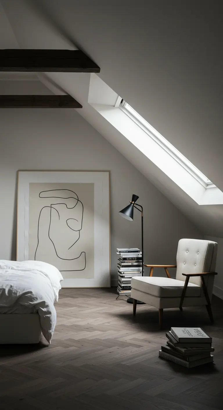 Reading nook in a loft with a mid-century chair and stacks of books.