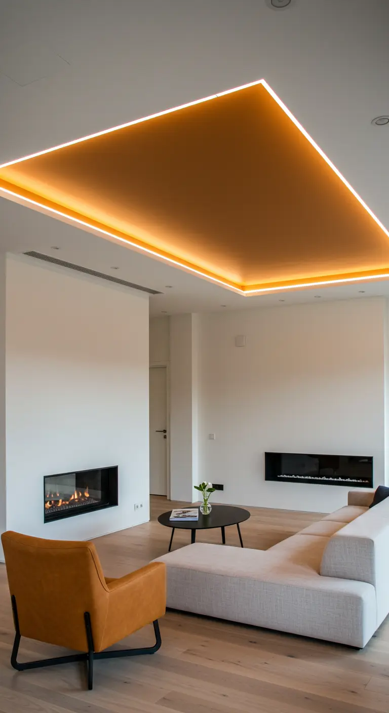 Modern living room with orange LED cove lighting in the ceiling.
