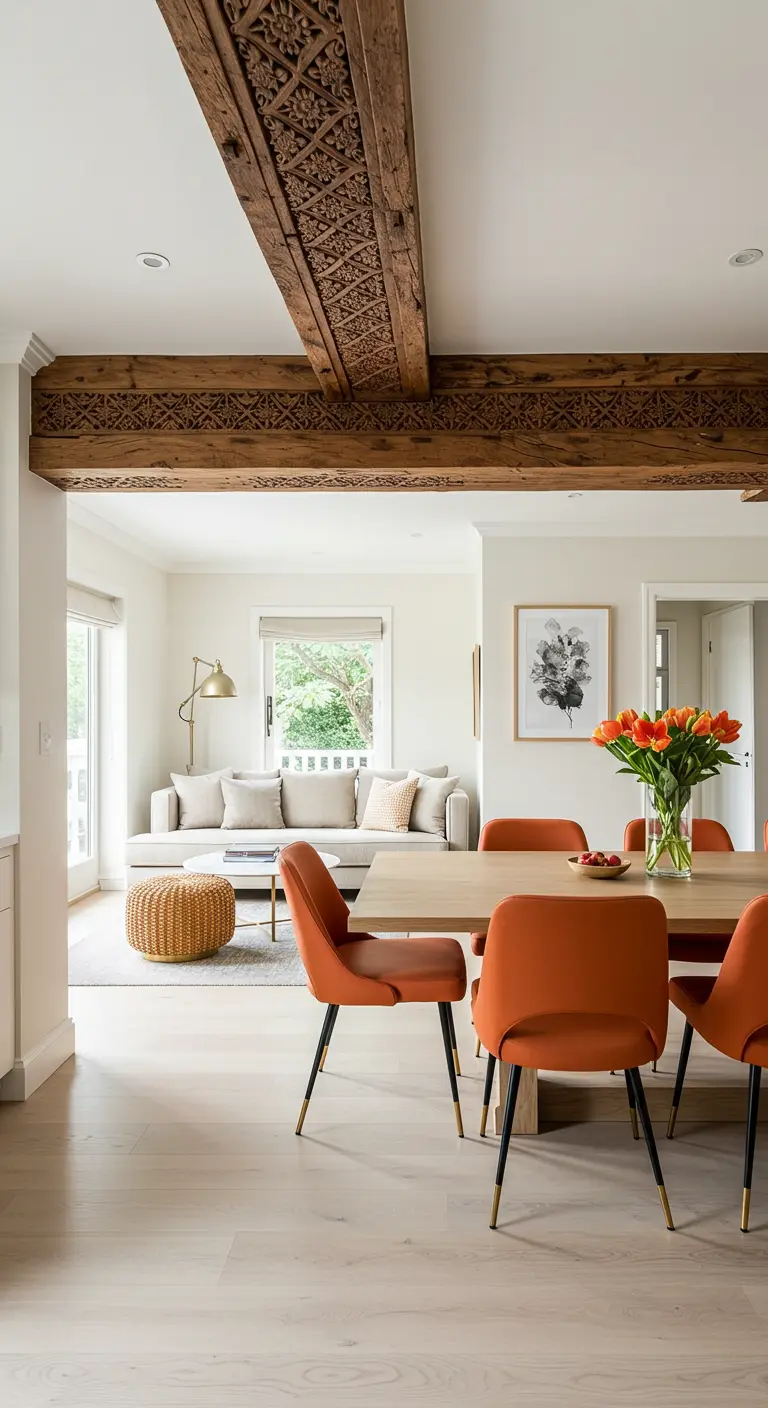 Open-plan living space with large, intricately carved wooden beams on the ceiling.