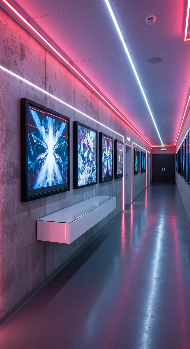 Futuristic hallway with concrete walls, pink and blue LED strip lighting, and modern art.