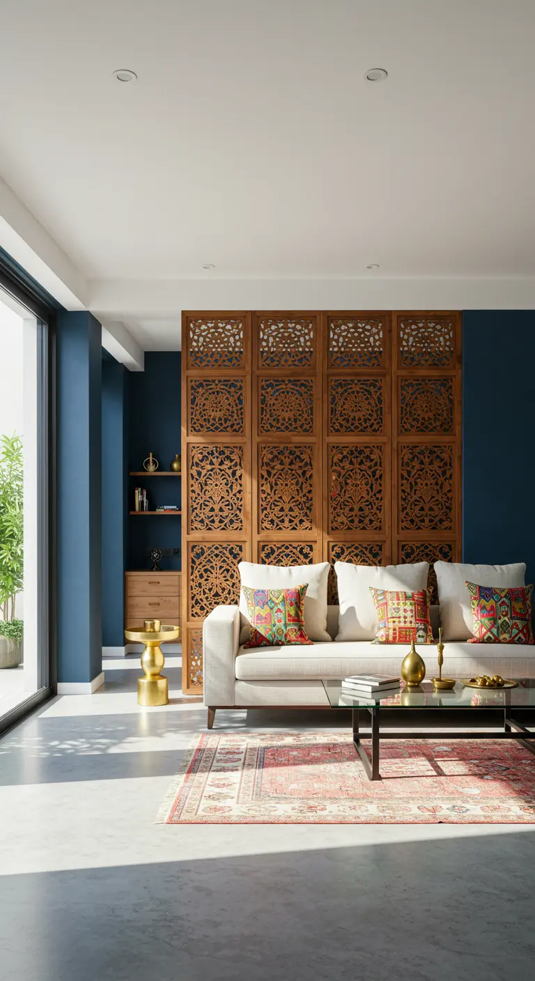 Living room with a blue wall, white sofa, and a large carved wooden screen room divider.