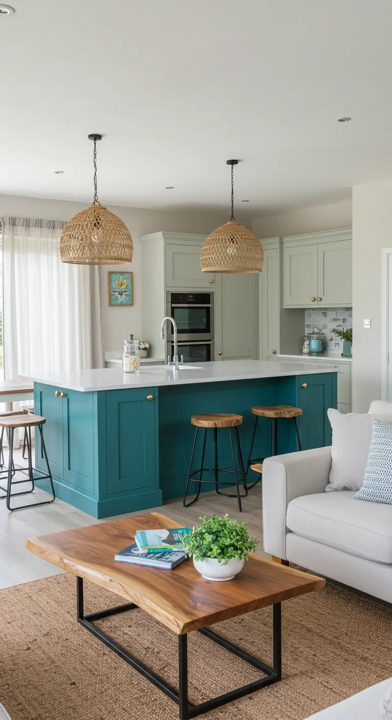 Kitchen with a large teal island that stands out against white cabinetry.